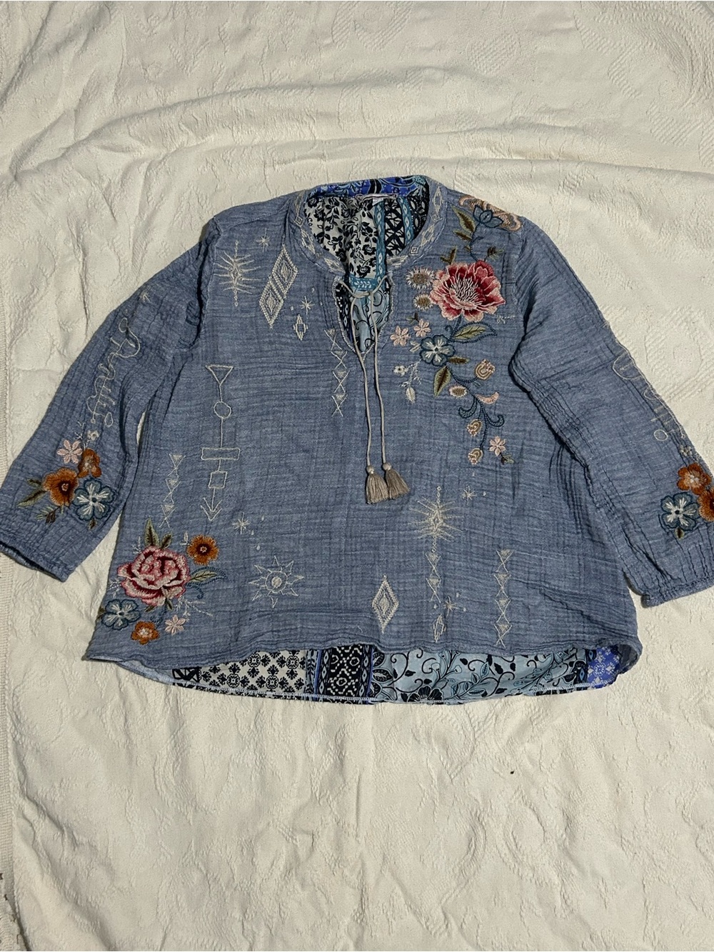 Johnny Was Blue Embroidered Floral Tunic with Tassel Tie
